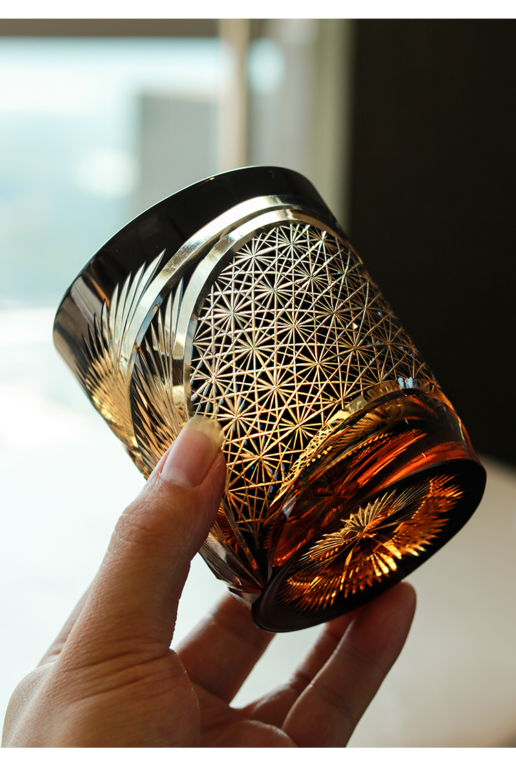 江户切子七宝切子手工菊纹水晶玻璃杯日式雕花琥珀杯江户切子威士忌