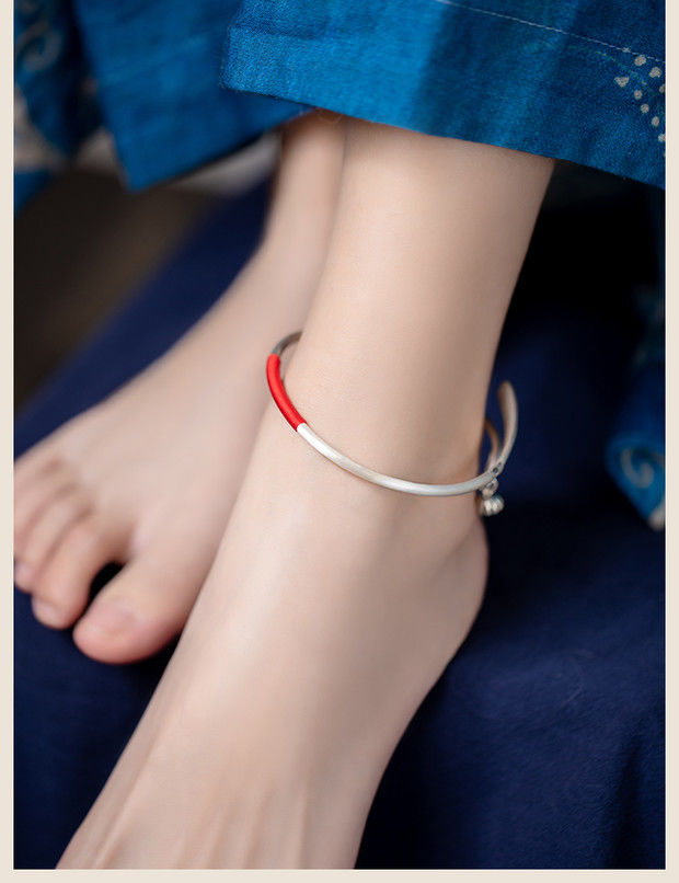 复古雕刻花纹流苏吊坠开口可调节银镯子脚环圆球铃铛款适合脚围1821cm