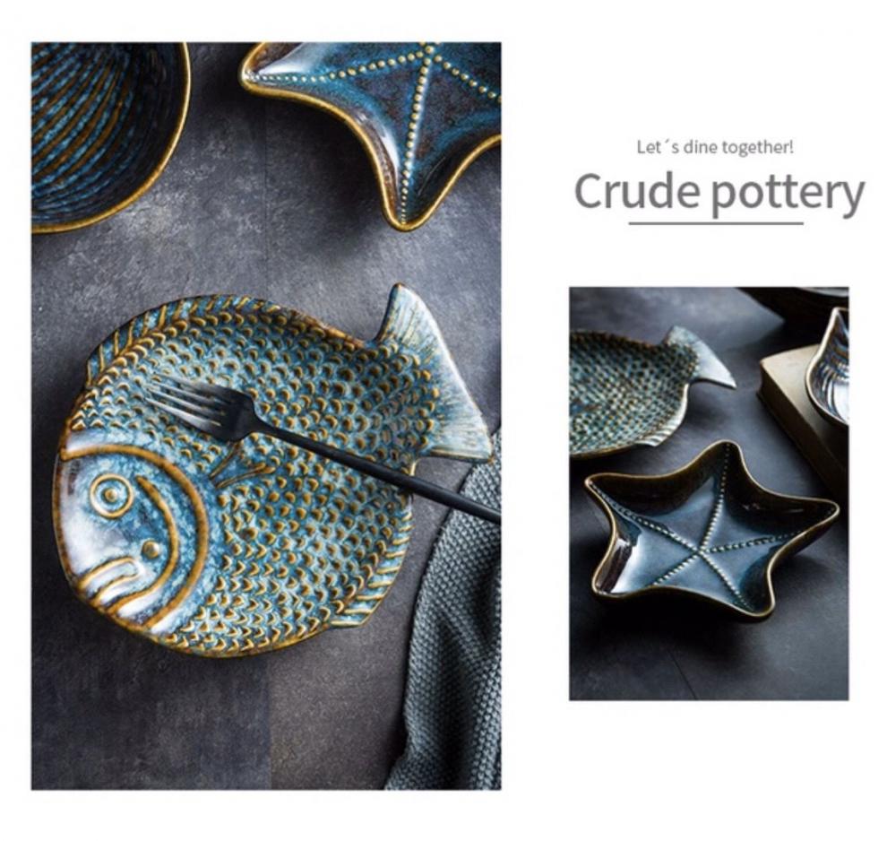 窑变异形盘子陶瓷浮雕个性家用菜盘盘子家用创意点心盘海星扇贝碟