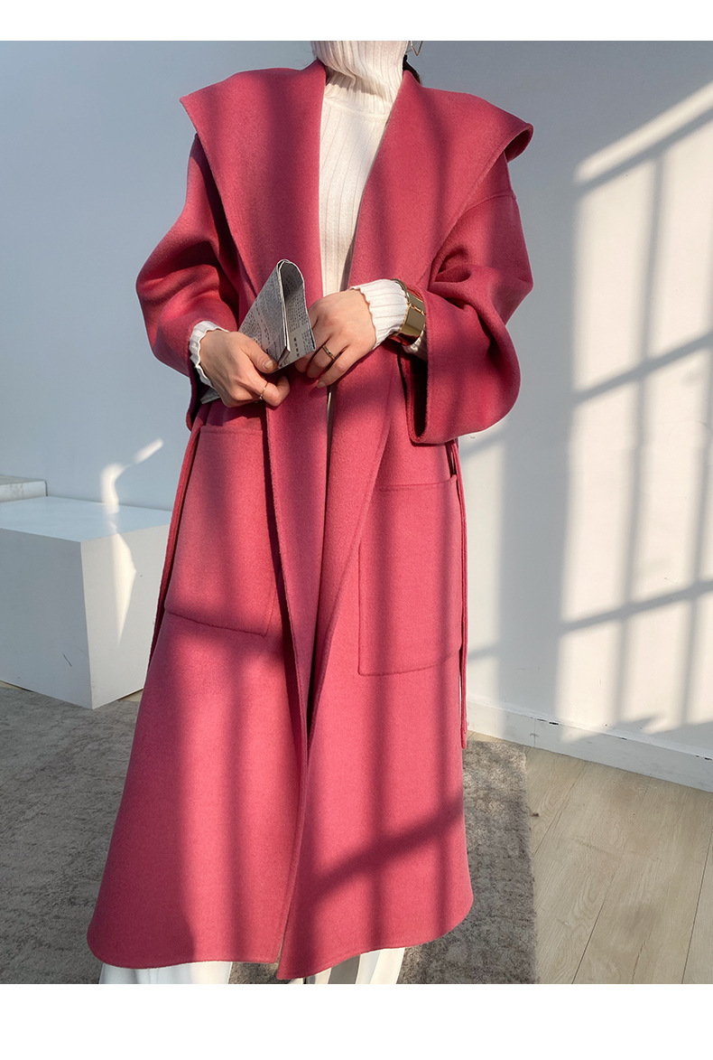 时尚2021冬季新款双面呢羊毛大衣女色带帽中长款色毛呢外套女玫粉色s