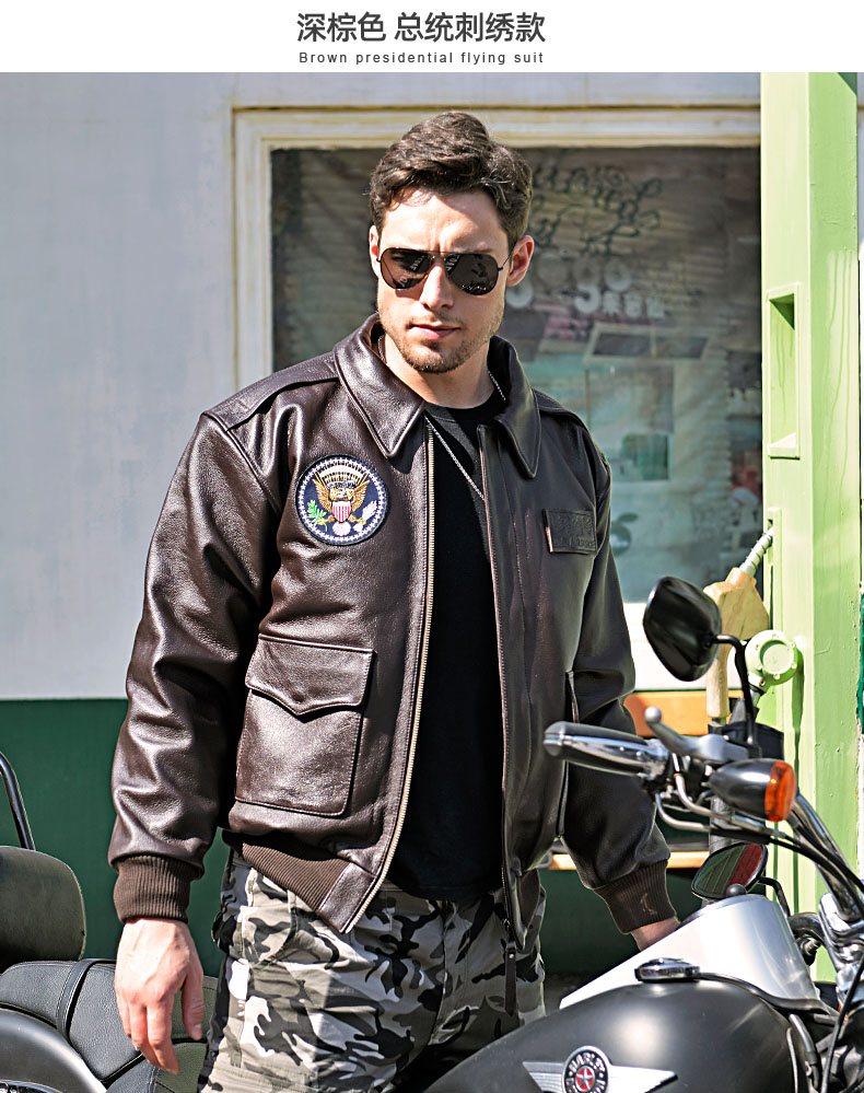 美国飞行员皮衣皮夹克皮毛一体复古刺绣a2服真的皮男士牛皮大码翻领加
