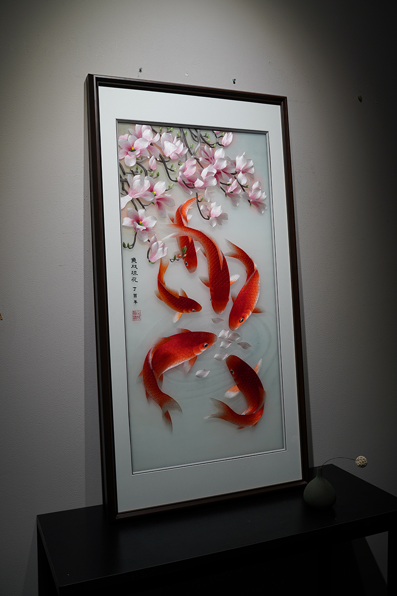 鱼戏花锦鲤纯手工刺绣精品玄观挂画新中式过道壁画高端大气上档次闪康