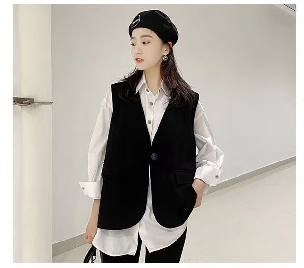 西装马甲女薄款春秋季新款韩版外搭时尚大妈西装马夹背心外套百搭黑色