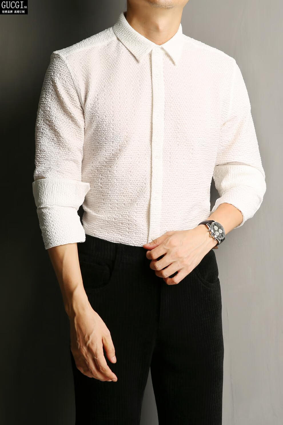 高端定织褶皱泡泡纱时尚3d肌理商务厚款秋冬季长袖衬衫男衬衣高端潮