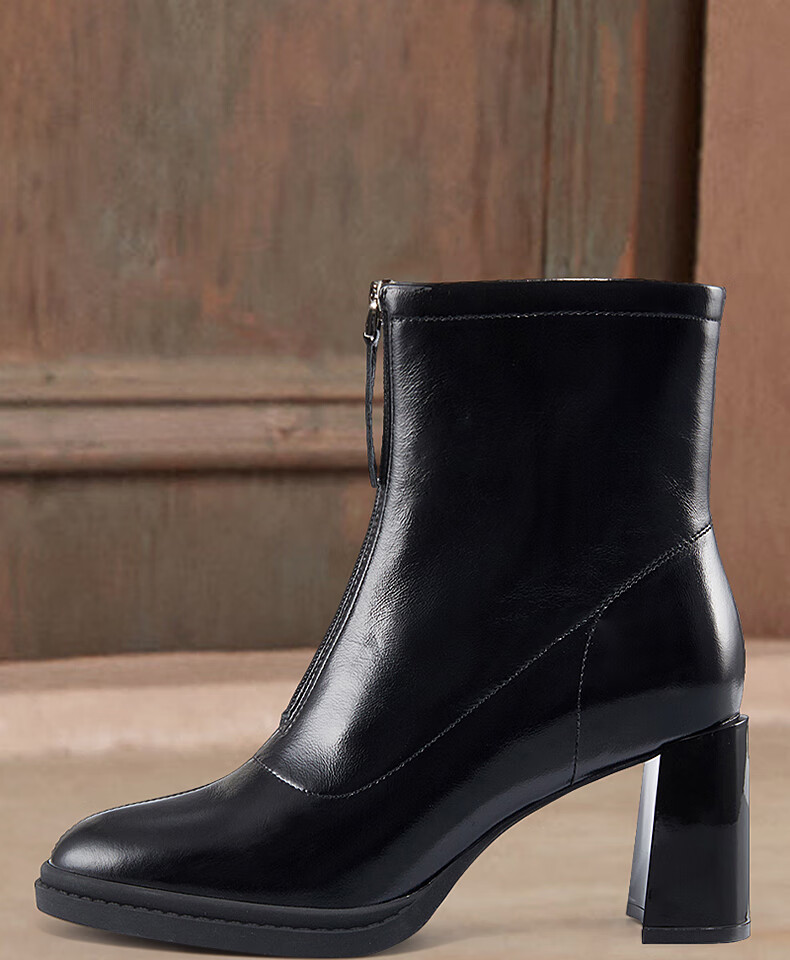 哈森2021秋季新款女靴牛皮革简洁百搭粗跟短靴ha17178槟榔棕色牛皮革