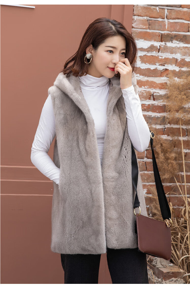 21新款进口水貂马甲背心貂皮坎肩连帽水貂毛皮草马甲中长款外套女进口