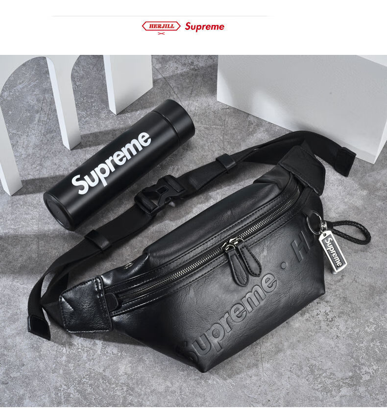 supreme胸包男士斜挎包潮牌ins大容量软皮腰包单肩挎包黑色3d标钥匙扣