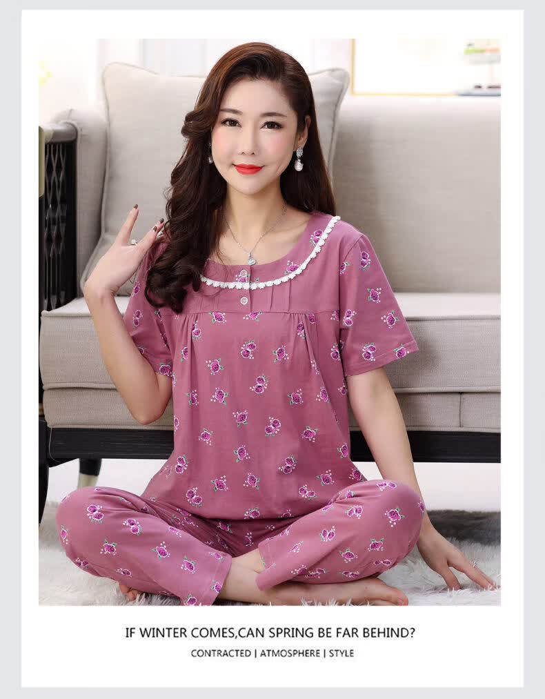 睡衣女夏纯棉短袖中年妇女女士家居服长裤七分裤宽松大码妈妈套装zs