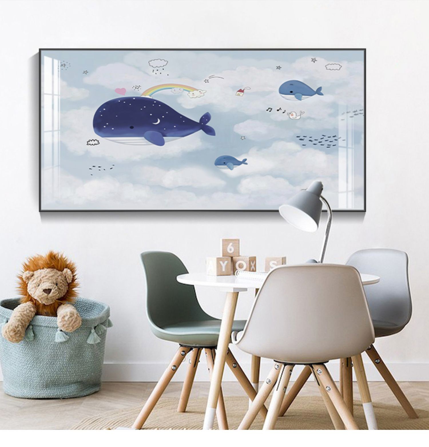 格端 卡通鲸鱼儿童房装饰画蓝色创意男孩卧室挂画女孩公主房间床头画