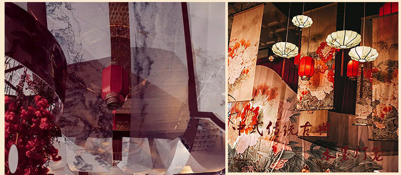 婚礼吊顶纱新中式婚庆道具水墨画飘顶纱幔红色装饰中国风吊顶纱布布幔