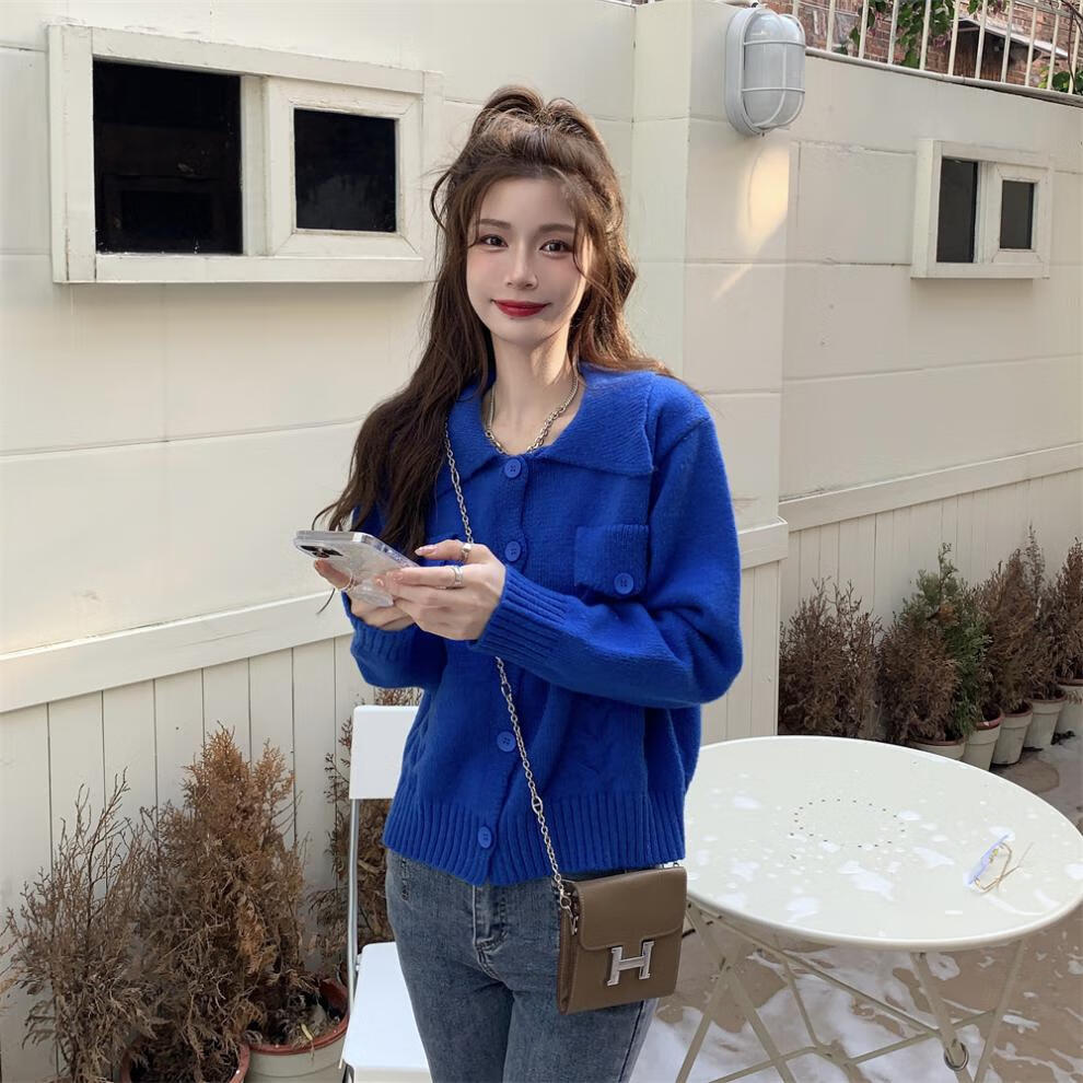 克莱因蓝毛衣女2021秋冬新款翻领麻花软糯开衫毛衣克莱因蓝均码