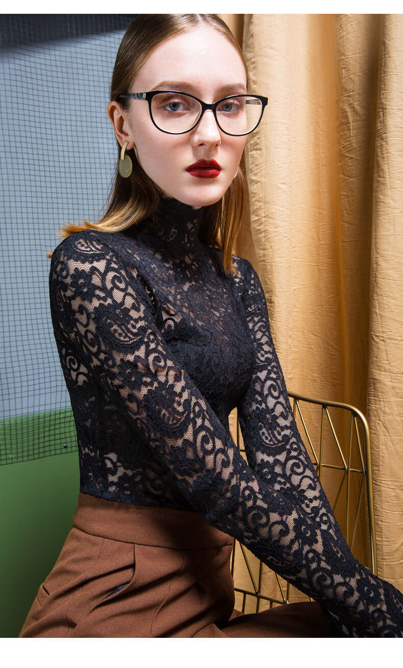 蕾丝衫女新款长袖恤高领内搭纯色修身上衣洋气打底衫深海蓝薄款无内衬