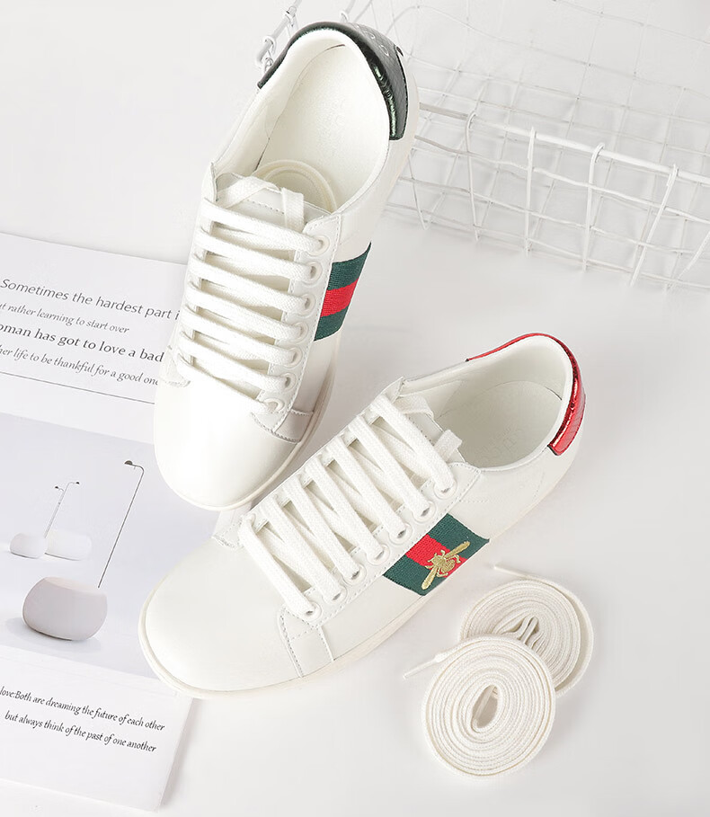 适配古驰gucci小蜜蜂纯棉扁平小白鞋鞋带古奇古驰酷奇老爹鞋米色纯棉