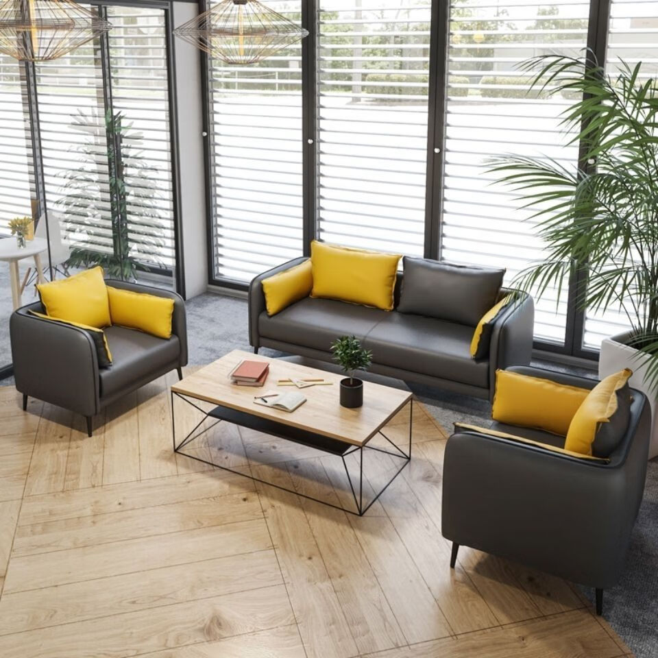 办公沙发皮艺简约现代办公室商务会客接待酒店前台组合办公室沙发橙灰