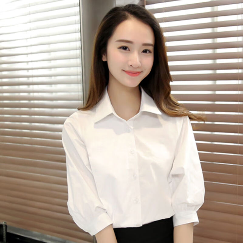 女装新款职业装宽松衬衫2021春夏款泡泡袖白色女士衬衣七分中袖设计感