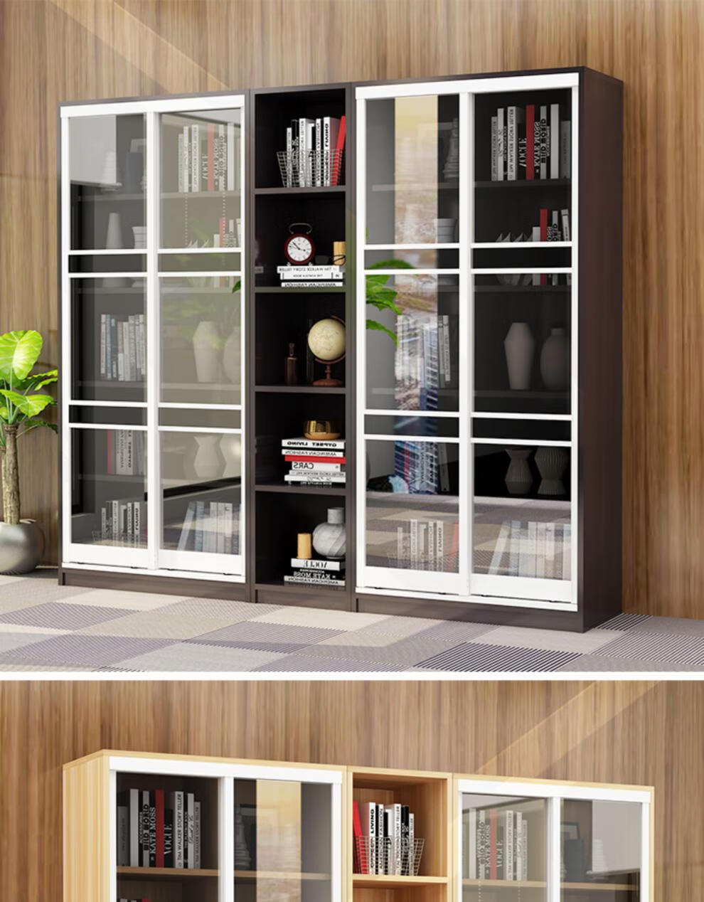 防尘玻璃书柜移门推拉门书架组合办公文件柜落地书橱带门储物柜子f款