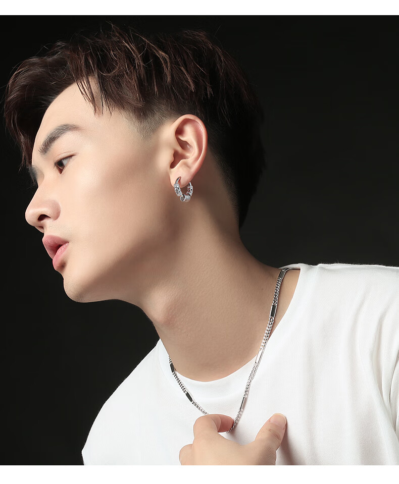 珍韵缘925银耳环男潮男士耳钉潮流个性男款单只简约复古圆圈耳扣圆珠