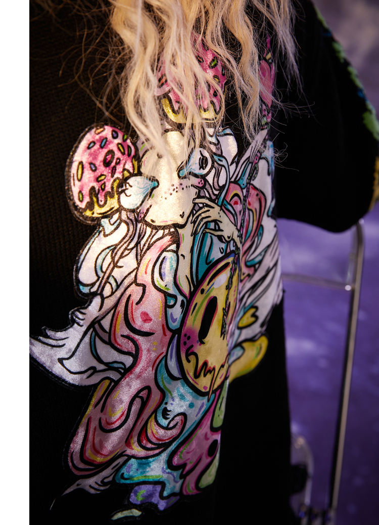 插画师毛婷妖精的口袋提花黑色毛衣开衫外套女2021年秋季新款潮花花