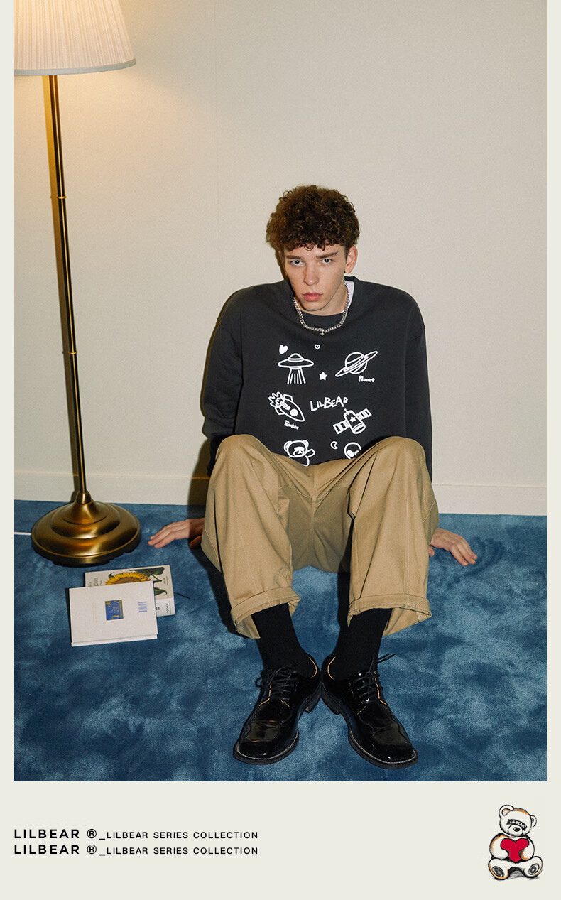 lilbetter小熊男士卫衣圆领套头衣服反光印花上衣港风休闲情侣装黑色