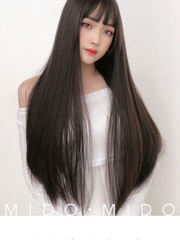 wnfd假发女长发自然全头套式网红齐刘海逼真仿真人发丝黑长直假发套