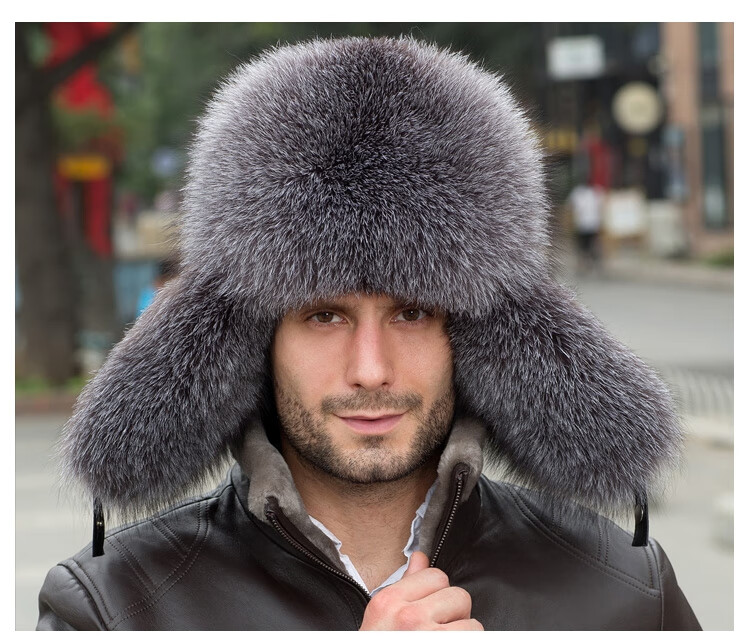 冬季雷锋帽真皮毛狐狸毛男东北大码中老年人护耳真皮帽子保暖户外 银