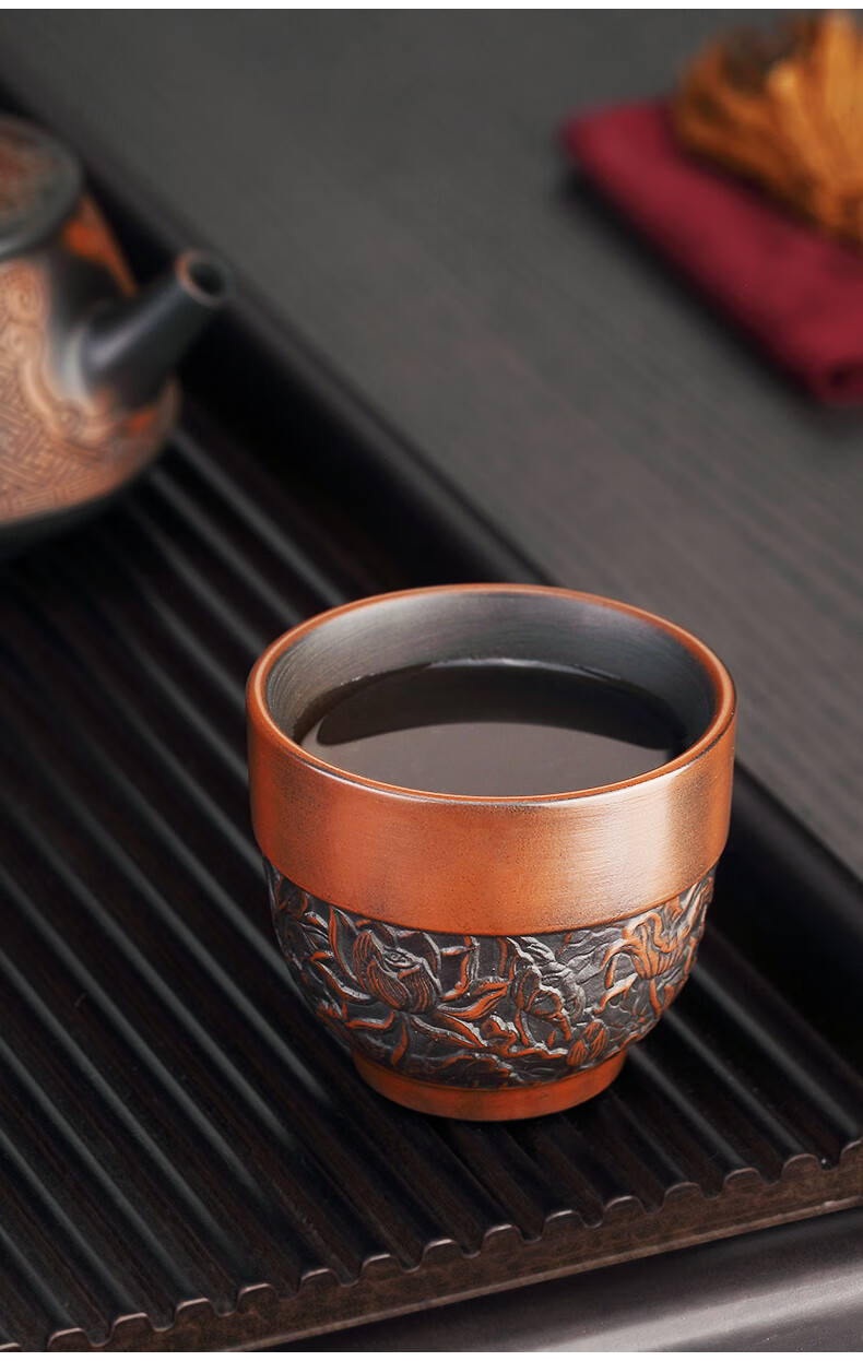 建水紫陶茶杯 建水紫陶手工浮雕主人杯家用陶瓷品茗杯功夫茶杯大号