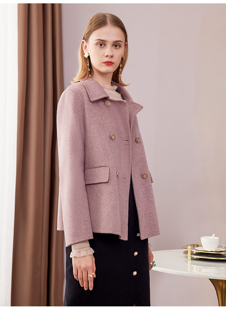 亦朵秋冬季款双面羊绒大衣女2021年新款小个子短款毛呢小外套浅绯色m
