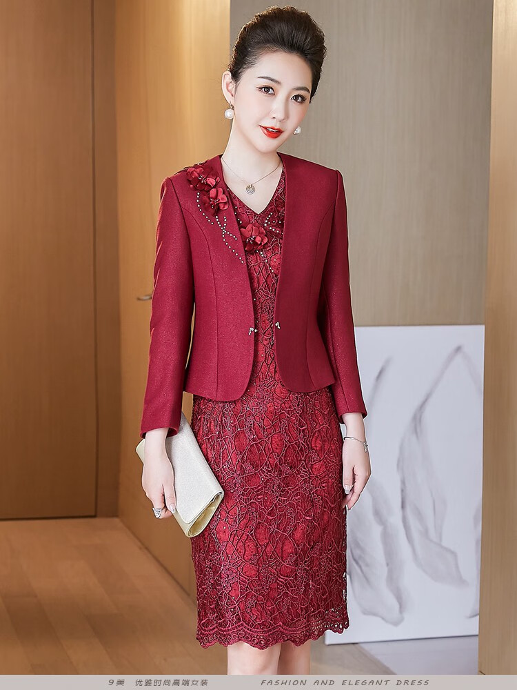 婚礼妈妈装礼服冬款小个子妈妈春秋装喜庆喜婆婆婚宴两件套装靓宫单件