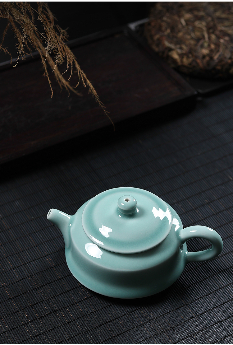 龙泉青瓷茶壶单壶手工弟窑粉青陶瓷功夫茶具带过滤泡茶壶扁壶家用粉青
