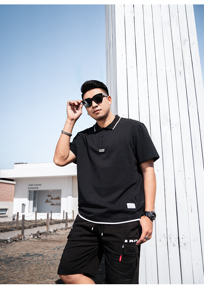 坦野大码男装polo衫男胖子男装胖子polo衫宽松立领衫纯色简约字母刺绣