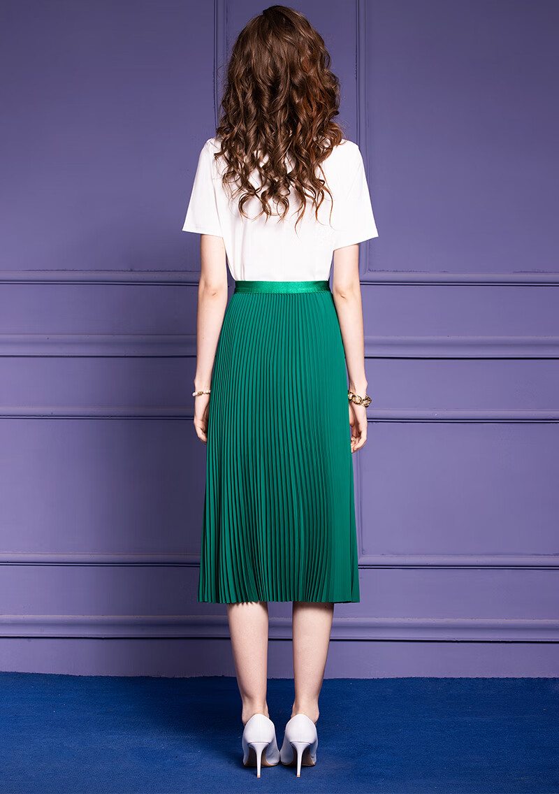 菲梦伊百褶裙女夏松紧腰高腰小个子中长款半身裙显瘦休闲百搭裙子