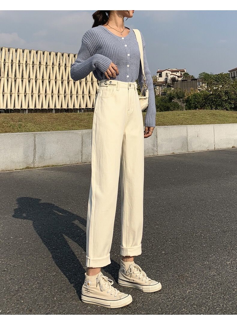 阔腿裤女冬款装高腰白色牛仔裤女直筒宽松秋显瘦杏色阔腿九分米色老爹