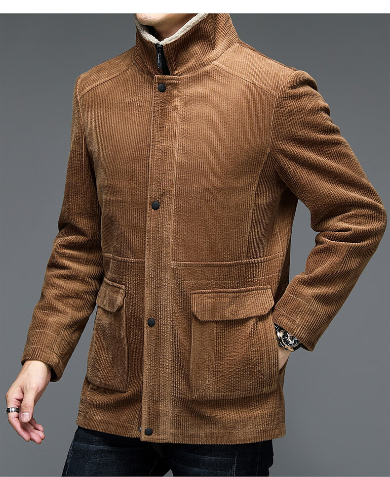 皮尔卡丹品牌高档男装纯棉灯芯绒外套男翻领冬季加绒加厚中年爸爸羊羔