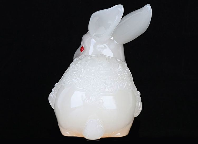 玉兔摆件生肖兔子创意饰品结婚礼品小白兔白玉兔子摆件 带底座大号仿