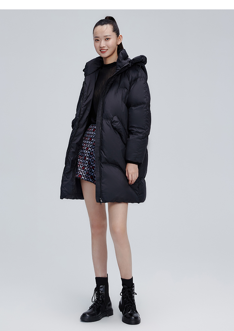 艾莱依中长款羽绒服女2021年新款高端白鸭绒冬季外套90白鸭绒炭黑155