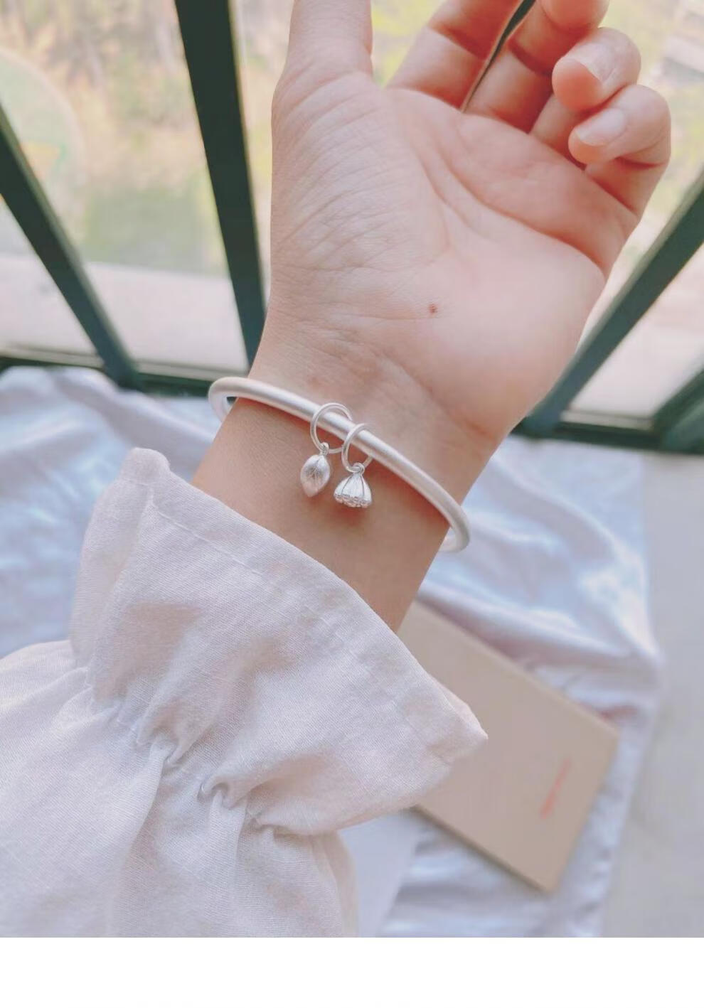 正生银饰店莲子莲蓬手镯女999足银荷荷莲心百搭两世欢古法银镯子 内