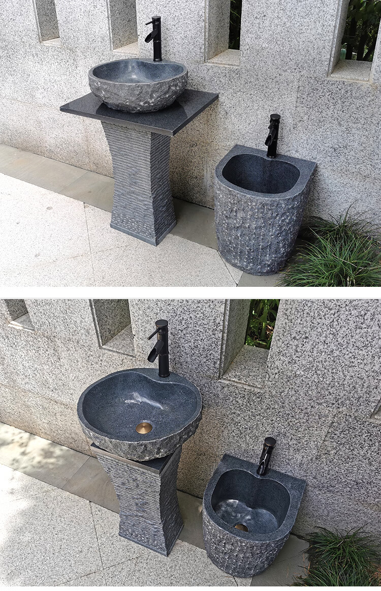 石头洗手台盆一体式庭院复古立柱盆石材落地式阳台户外水池 方款台上