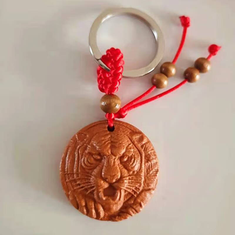 桃木老虎挂件天然桃木老虎头项链挂件12生肖虎吊坠钥匙扣手链寅字虎法