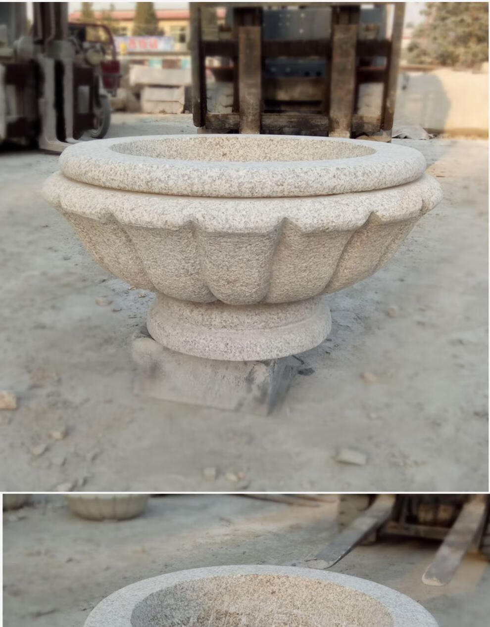 荔枝面花岗岩石雕花盆摆件手打面石材花钵加工定制黄锈石花坛 直径50