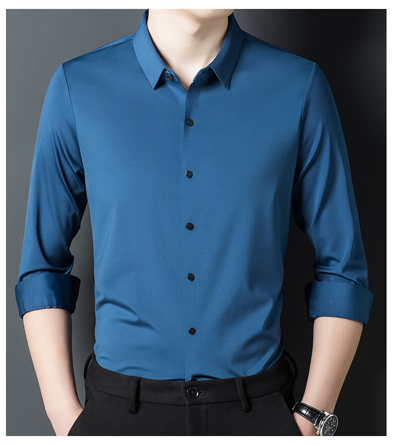 市秋季桑蚕丝高端男士长袖衬衫中年休闲大码免烫真丝衬衣8007黑色纯色