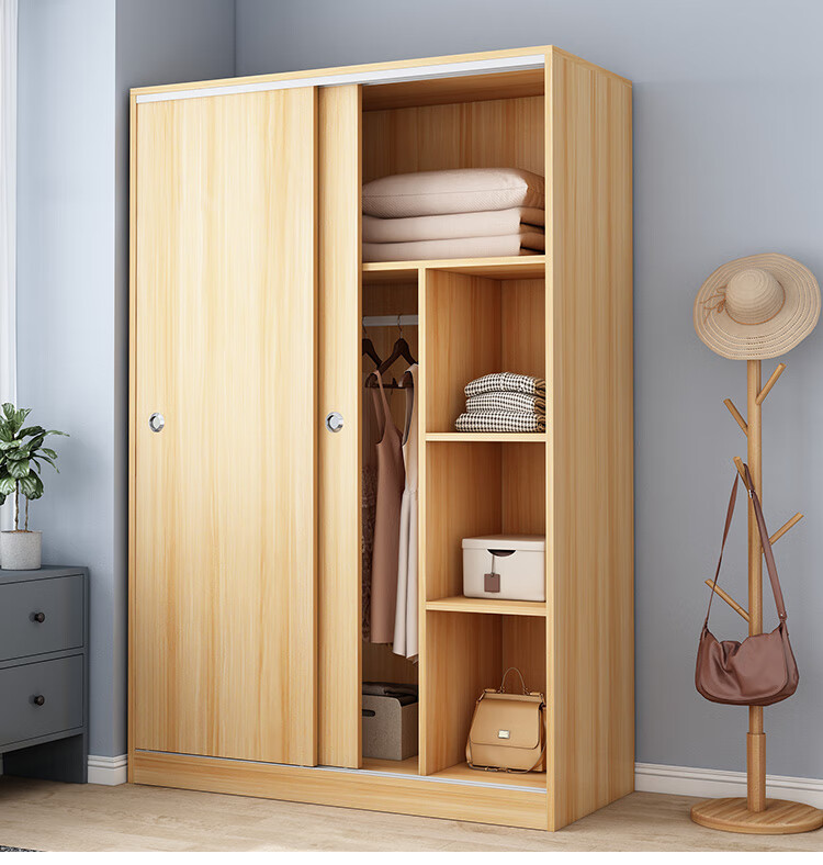 衣柜家用卧室简约现代实木出租房用简易柜子小户型推拉门衣橱浅胡桃白