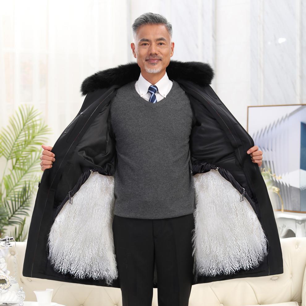 中老年人保暖真皮衣滩羊毛外套羊皮大衣皮毛一体爸爸装派克服男士