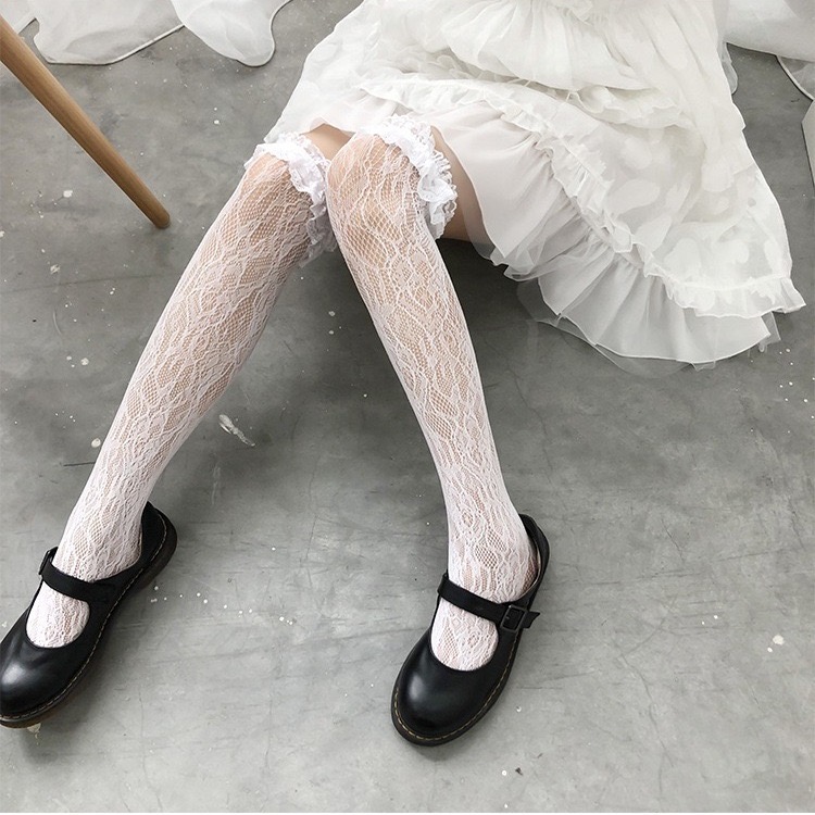 蕾丝中筒袜女过膝花边ita高筒镂空复古网红配靴子洛丽塔过膝袜 小花白