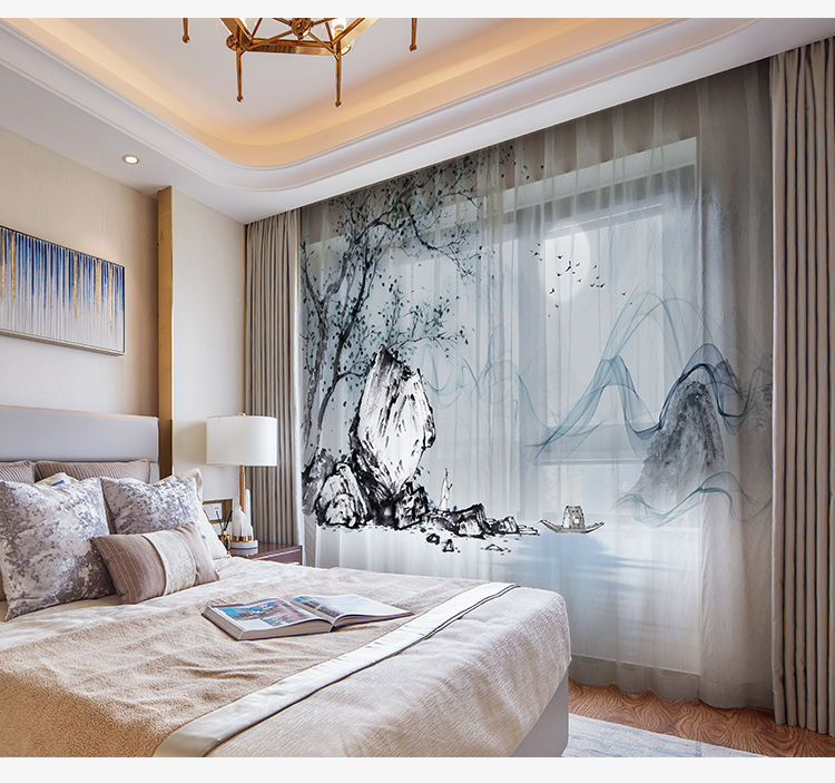 碑匠 适用于澜布坊中国风窗纱古典新中式山水画窗帘水墨画客厅卧室