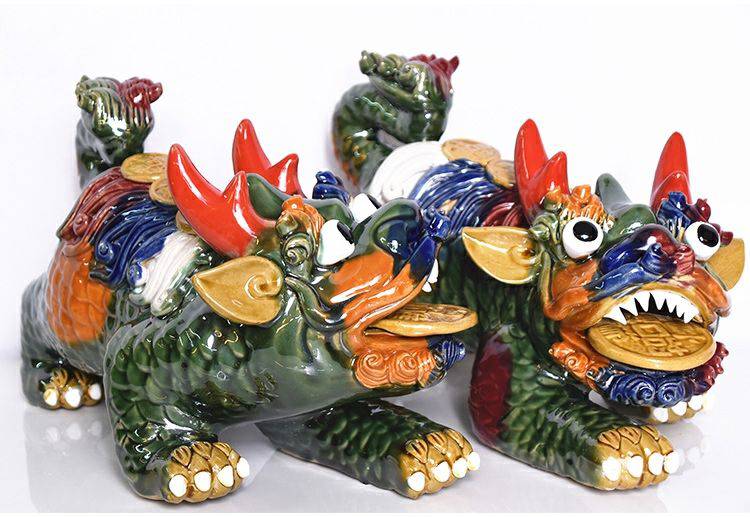 石湾公仔陶瓷一对七彩麒麟吉祥物客厅办公室家居摆件 小号一对【图片