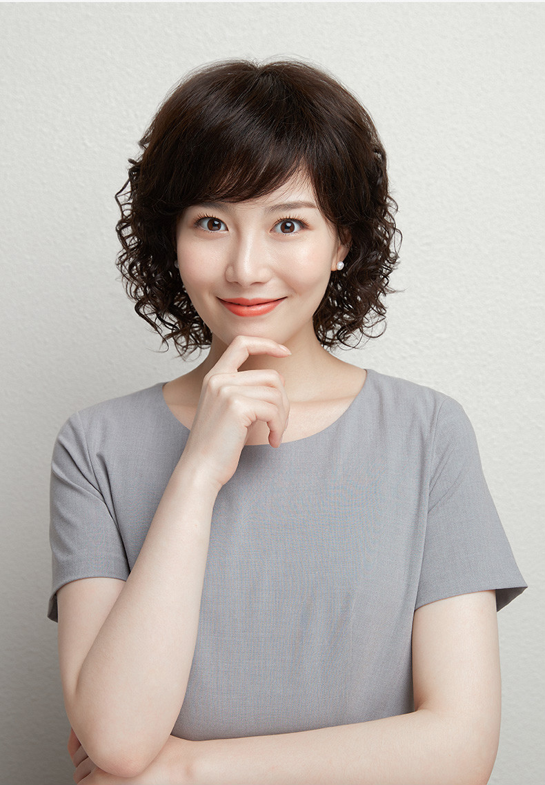 豪仕假发女短发全真发妈妈化疗自然全头套真人发丝中老年发型深棕色