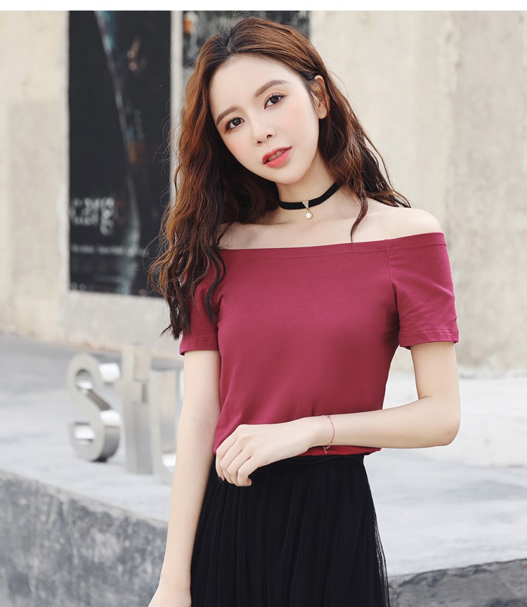 60露肩一字肩上衣女生季一字领半袖短款性感紧身小众锁骨t恤女短袖