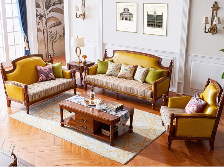美式乡村皮布沙发真皮头层牛皮客厅组合家具胡桃木色123简美黄色 真皮