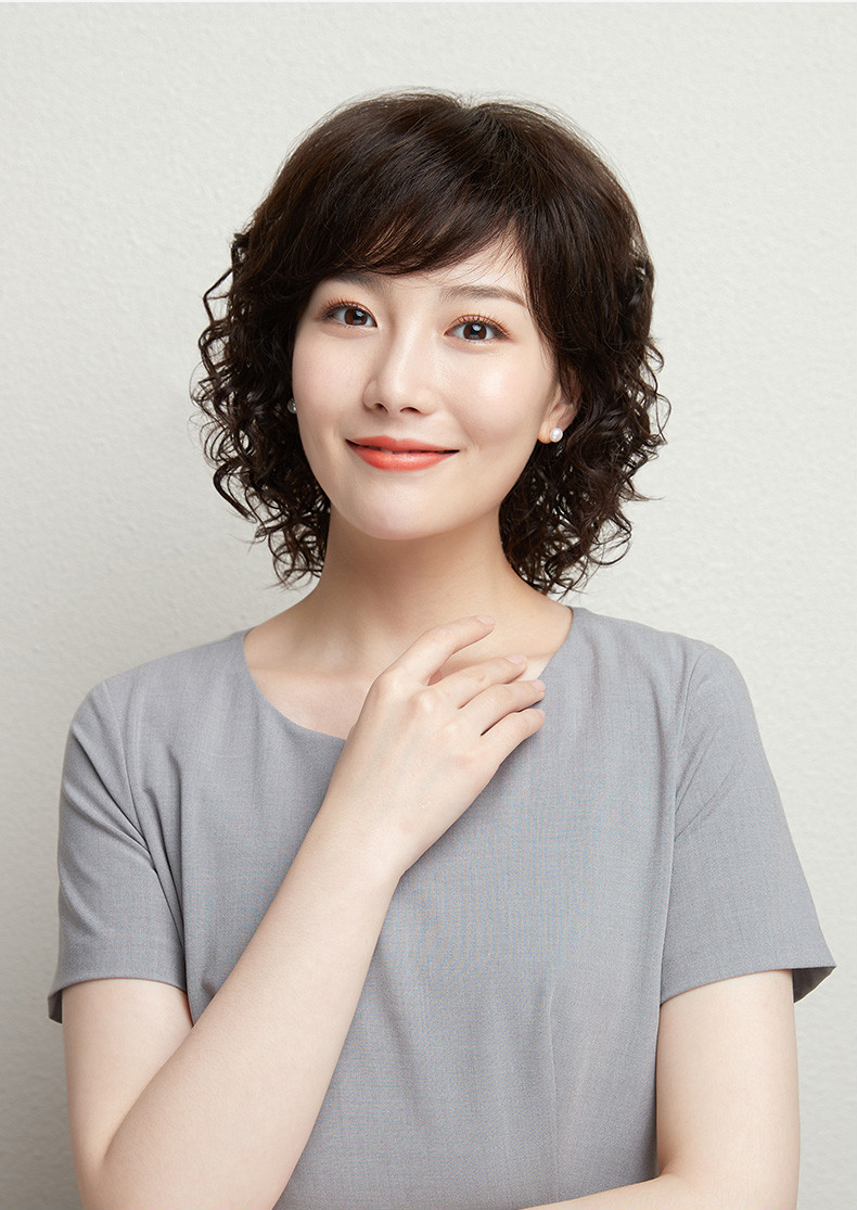 豪仕假发女短发全真发妈妈化疗自然全头套真人发丝中老年发型深棕色