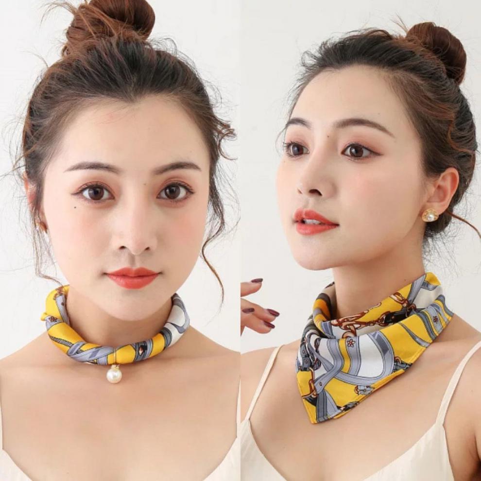 喻小熊防晒丝巾护脖子春夏季薄款懒人围巾磁扣珍珠丝巾项链围女护颈